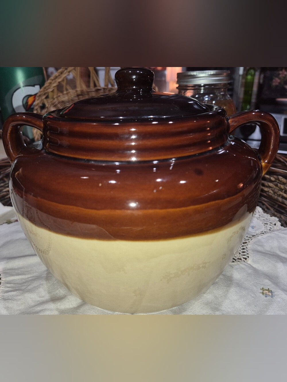 Vintage Two-tone Brown & Tan Glazed Stoneware Bean Pot
